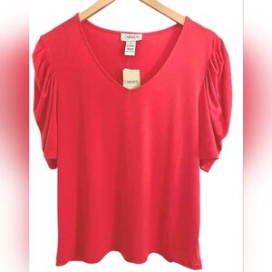 NWT Carmen Marc Valvo Warm Spring Geranium Puff Sleeve Blouse Large